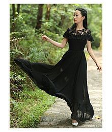 Raabta Fashion Georgette Black Fit And Flare One piece Western Dress Women