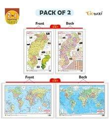 Set of 2 | 2 IN 1 CHATTISGARH POLITICAL AND PHYSICAL Map IN ENGLISH and 2 IN 1 WORLD POLITICAL AND PHYSICAL MAP IN HINDI Educational Charts