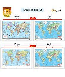 Set of 2 | 2 IN 1 WORLD POLITICAL AND PHYSICAL MAP IN ENGLISH and 2 IN 1 WORLD POLITICAL AND PHYSICA