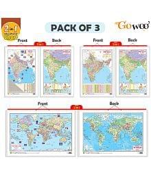 Set of 3 | 2 IN 1 INDIA POLITICAL AND PHYSICAL MAP IN ENGLISH, 2 IN 1 INDIA POLITICAL AND PHYSICAL MAP IN HINDI and 2 IN 1 WORLD POLITICAL AND PHYSICAL MAP IN ENGLISH Educational Charts