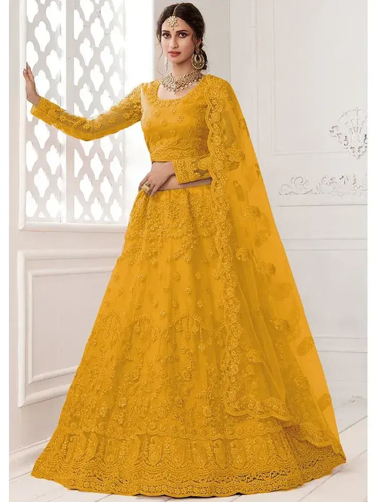 PATBRO Yellow Net Chaniya Choli Semi Stitched Lehenga Single